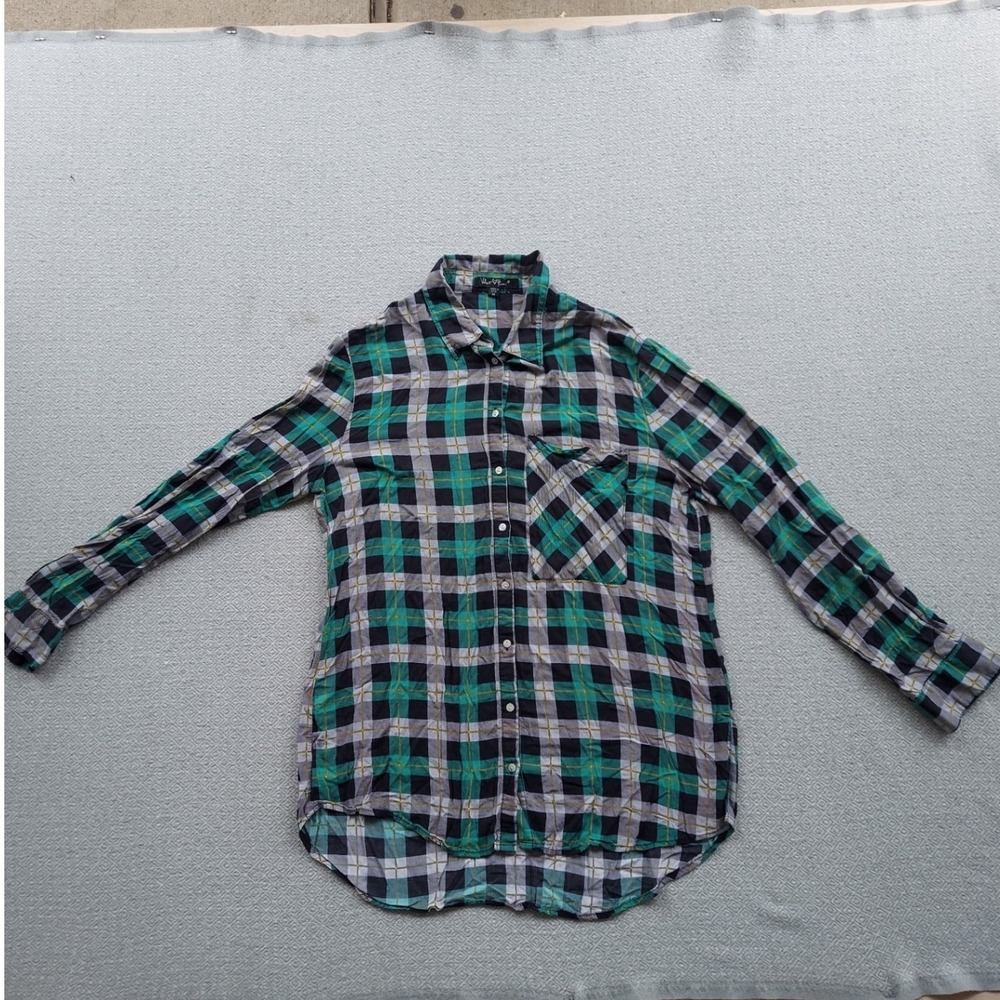 Velvet Heart Shirt Womens M Green Plaid Button Down Long Sleeve High Low Pocket